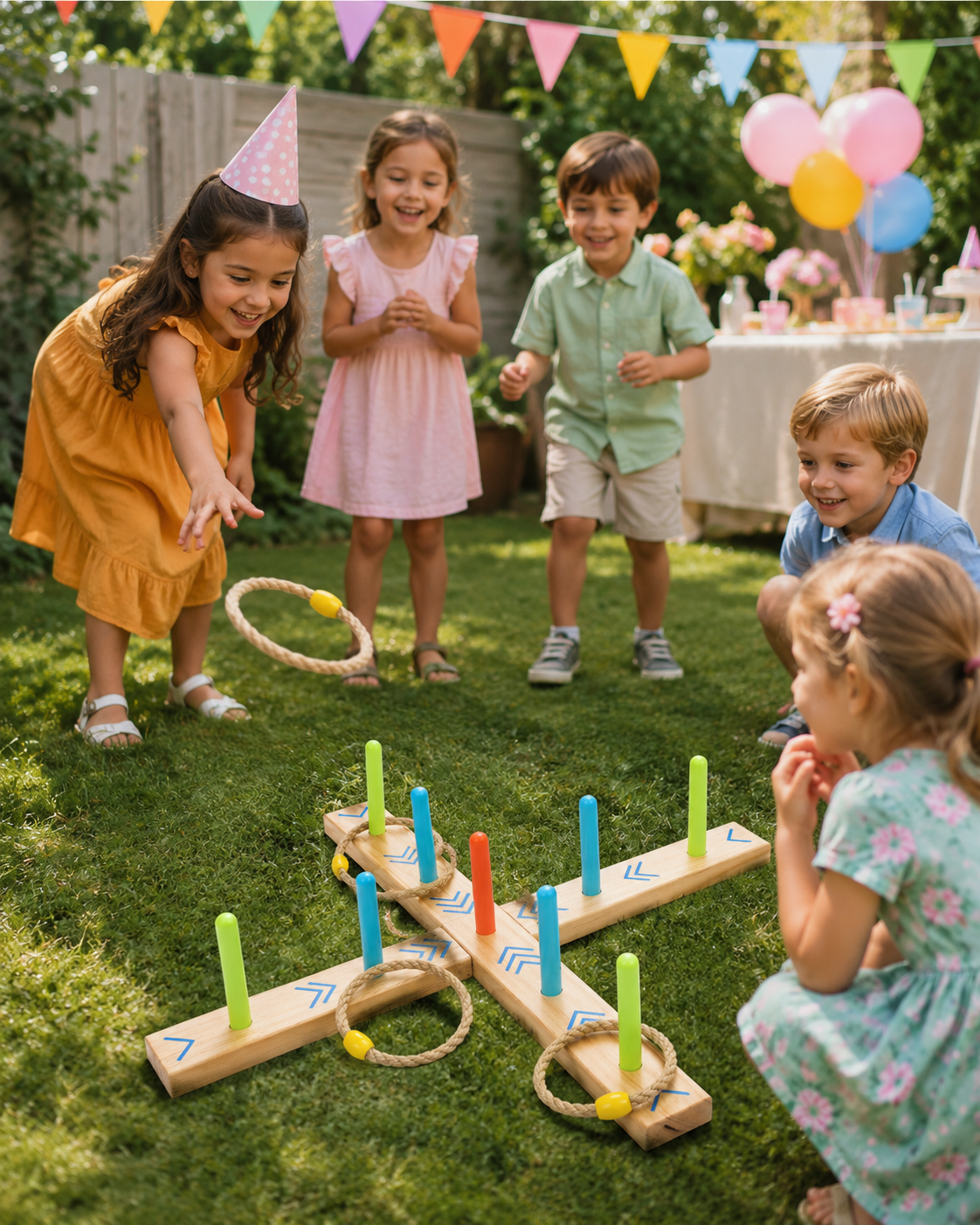 Joc Aruncare Inele "Active" – Set Outdoor cu 9 Bețe și 5 Inele Țesute, Ideal pentru Grădină, Antrenează Coordonarea