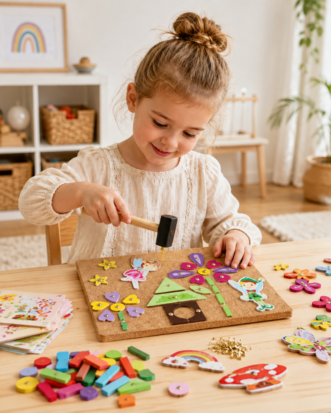 Joc de Ciocănit cu Zâne – Set Creativ din Lemn cu Ciocane, Plăcuțe Motiv și 4 Carduri cu Sugestii, Depozitare în Cutie