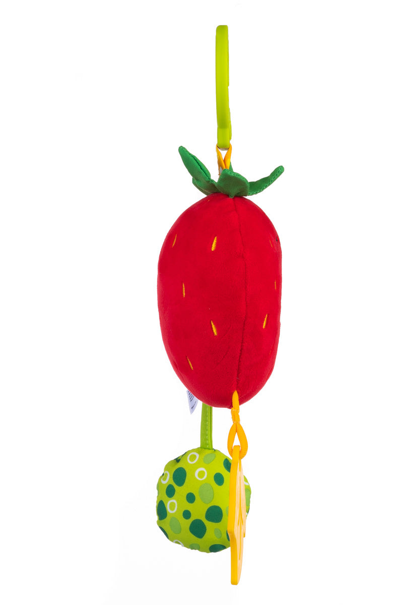 Jucărie Suspendată Căpșună cu Clopoțel – Codiță Foșnitoare, Inel Chițăitor Verde și Frunză Moale de Dentiție, pentru Bebeluși 0+