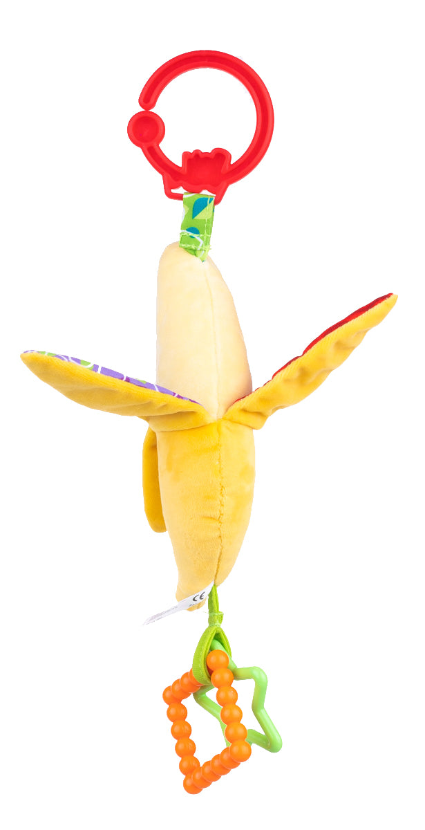 Jucărie Suspendată Banană – Elemente Foșnitoare, Două Inele de Dentiție Colorate și Texturi Variate, pentru Bebeluși 0+