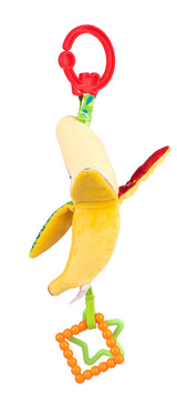 Jucărie Suspendată Banană – Elemente Foșnitoare, Două Inele de Dentiție Colorate și Texturi Variate, pentru Bebeluși 0+