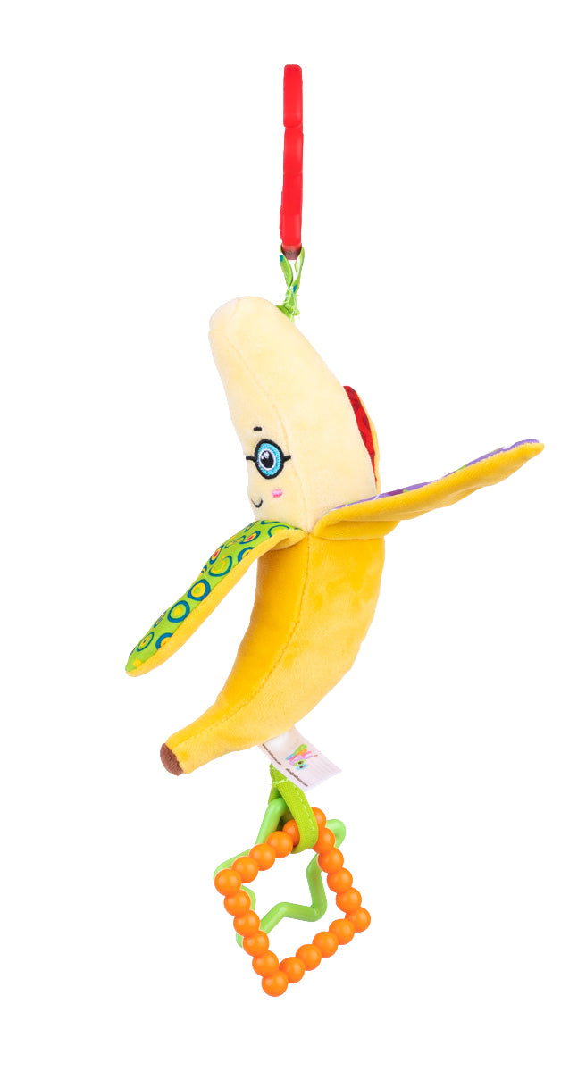Jucărie Suspendată Banană – Elemente Foșnitoare, Două Inele de Dentiție Colorate și Texturi Variate, pentru Bebeluși 0+