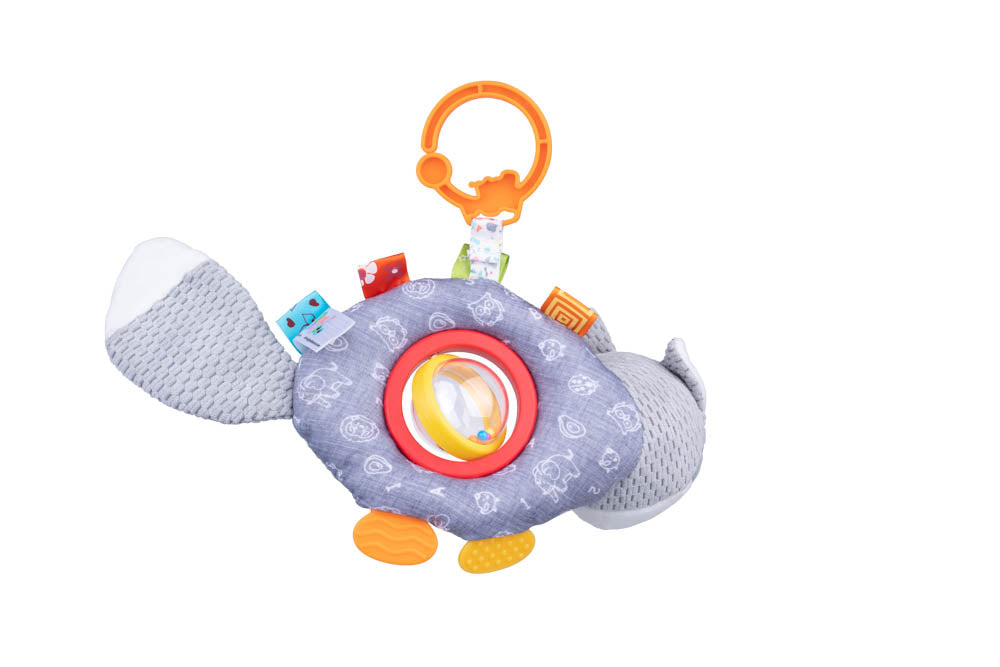 Jucărie Suspendată Vulpe Gri cu Zornăitoare – Etichete Texturate, Urechi și Coadă Foșnitoare, Inel de Dentiție Moale, pentru Bebeluși 0+